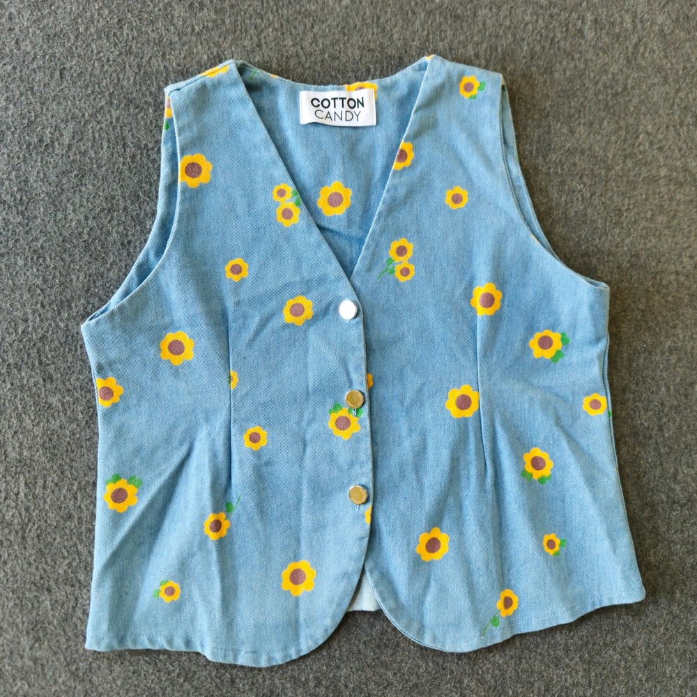 Cotton Candy Sunflower Denim Vest Large 90s Festival Phoebe Buffay Cottagecore